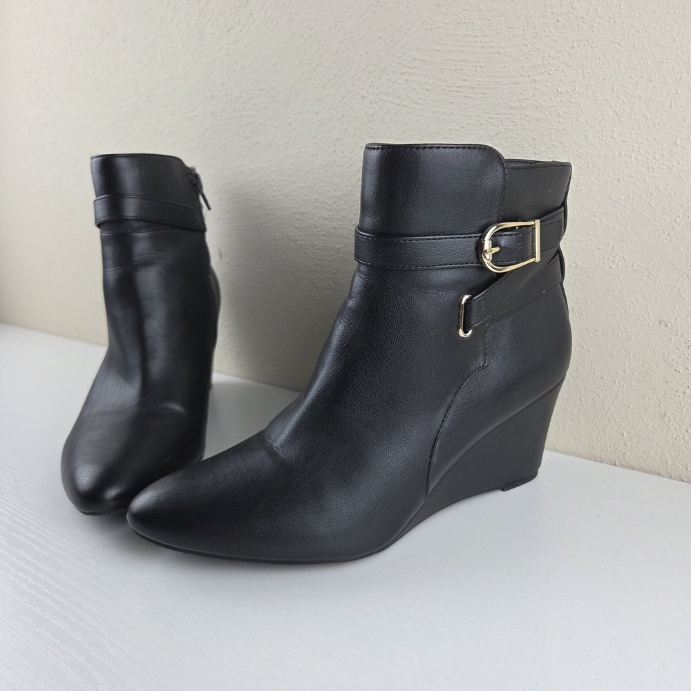 LifeStride Flex Gio Boot Black Wedge Heel Ankle Side Zip Booties Womens Sz 7.5 M